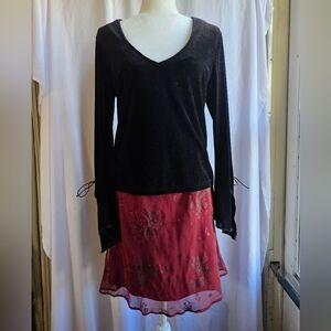 Chic Holiday Party Set - Black Velvet Top & Red Mesh Sequin Mini Skirt